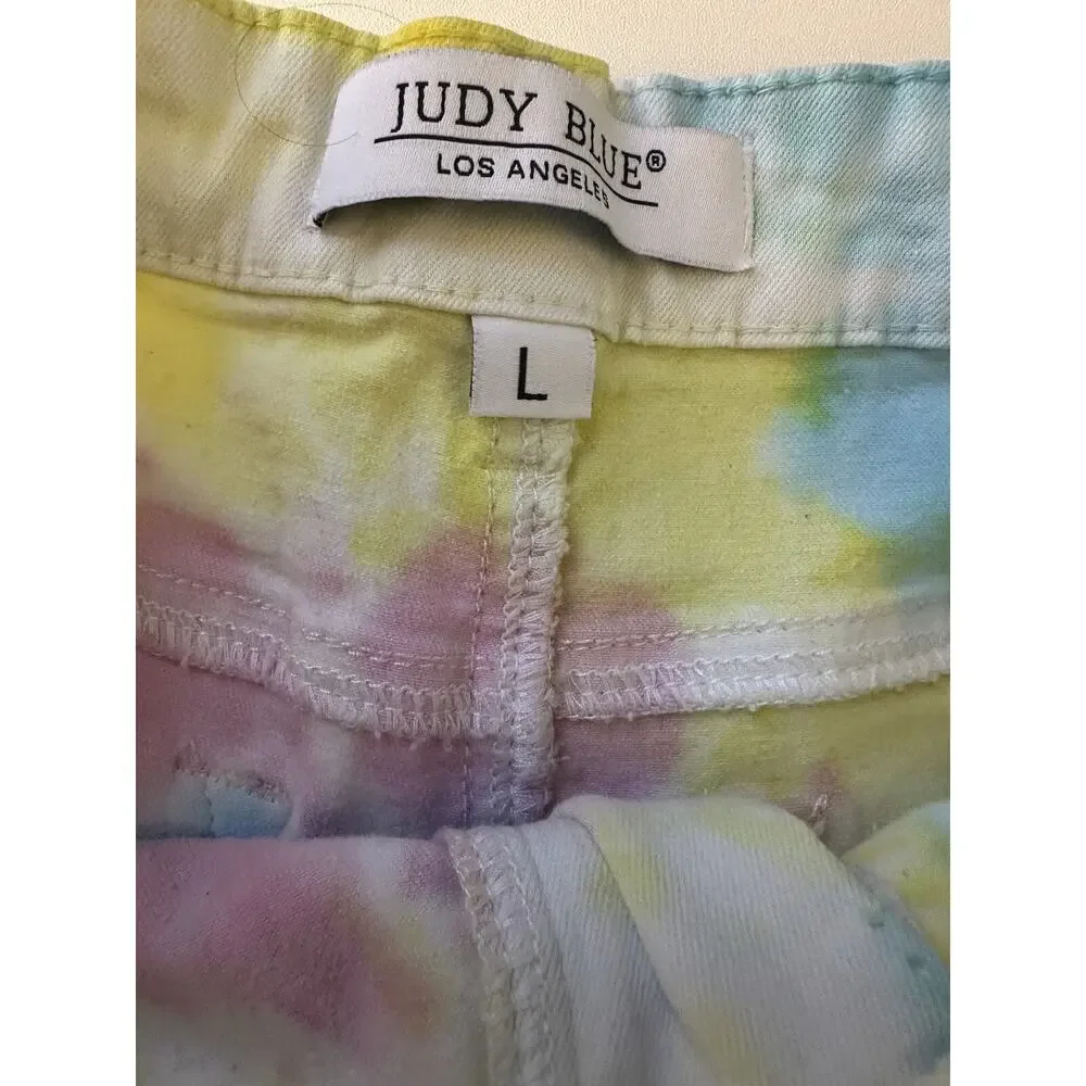 ✨2/$20 Judy Blue Swirl Tie Dye Raw Cut Off Denim Shorts Large Summer Festival - Picture 6 of 16